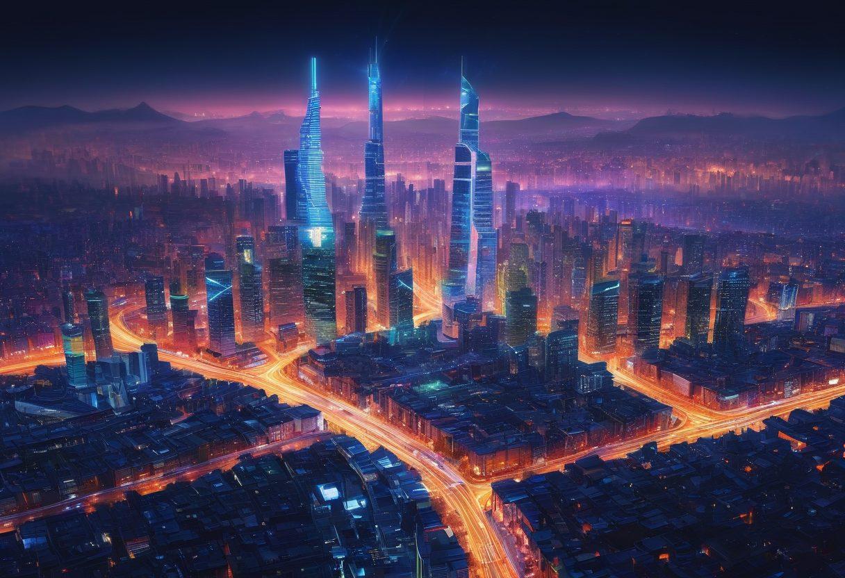 A captivating visual that scales from a microscopic view of TinyU technology, showcasing intricate details like tiny circuits and biological elements, transitioning into a magnificent city skyline made of advanced technology illuminating the future. Blend vibrant colors and intricate patterns to represent endless applications. Highlight both the microscopic and the grand scale together in a harmonious composition. digital art. vibrant colors. futuristic design.