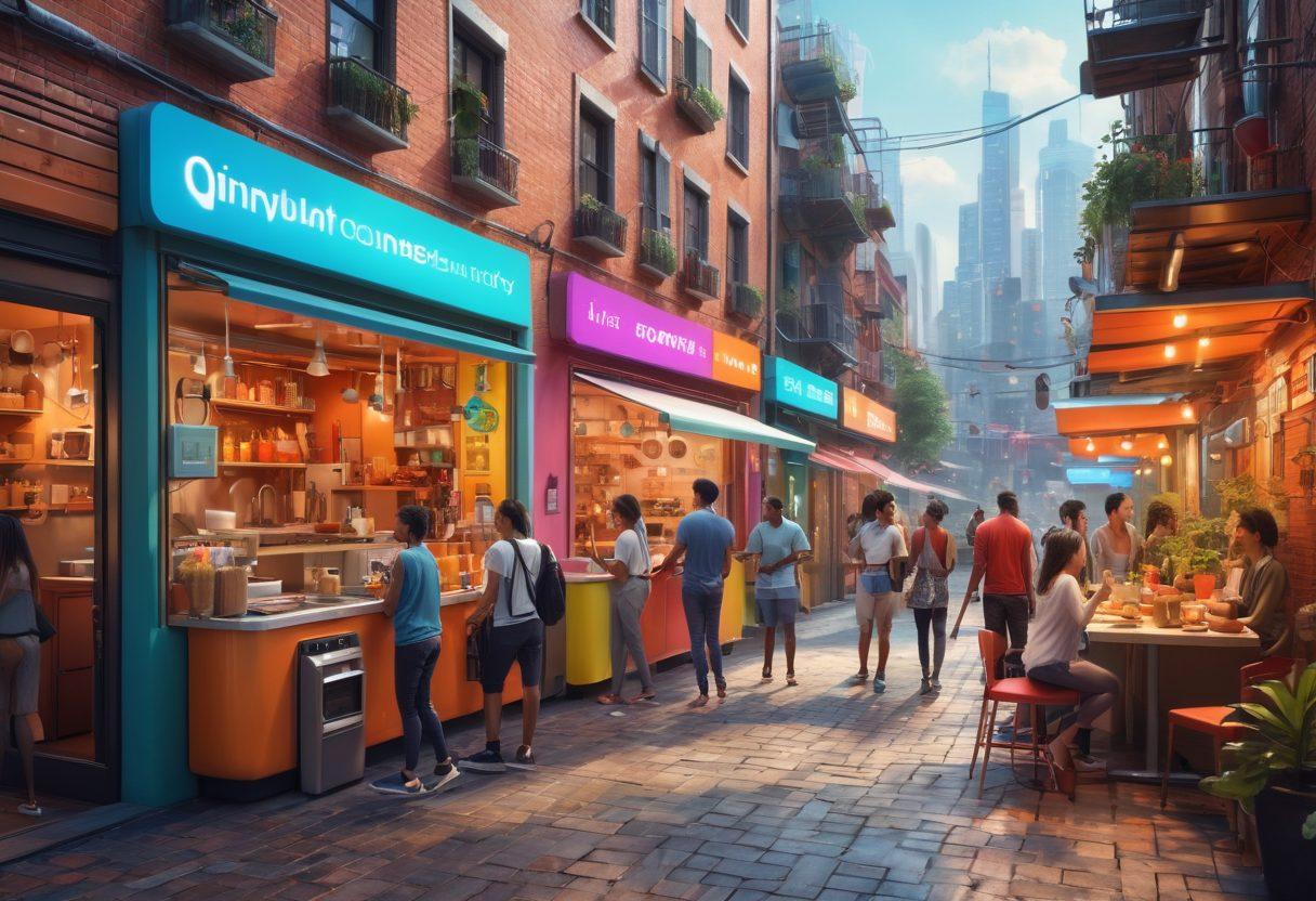 A dynamic scene showcasing diverse individuals utilizing TinyU solutions in their daily lives, with vibrant gadgets and tools enhancing their activities like cooking, working, and exercising. The background should depict a modern urban environment, with an array of colorful tech devices integrated seamlessly into routines. The atmosphere should be energetic and inspirational, illustrating innovation and convenience brought by technology. super-realistic. vibrant colors. 3D.