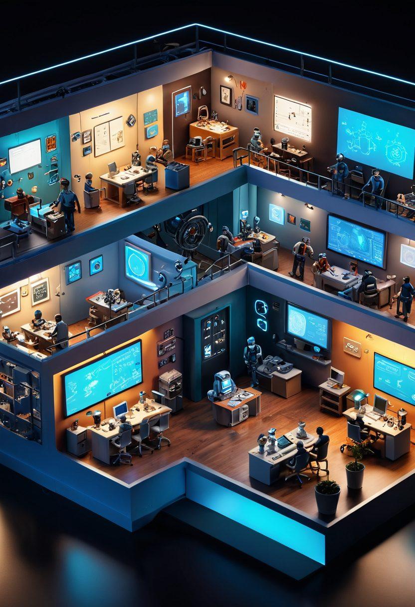 A futuristic workshop filled with miniature technology innovations, showcasing tiny robots, intricate gadgets, and detailed blueprints. Highlight a glowing TinyU logo in the center, surrounded by people collaborating and exploring these fascinating devices. Soft, ambient lighting to create an inspiring atmosphere. digital art. vibrant colors. 3D.